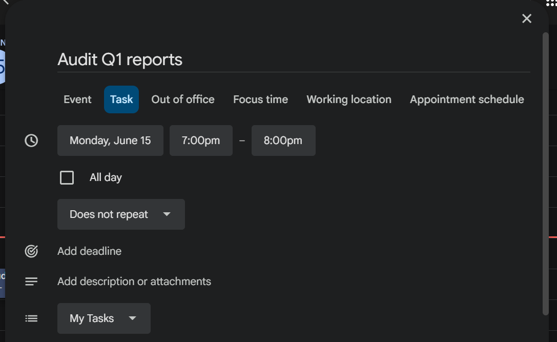 Using the grid to add date and time to a task in Google Calendar