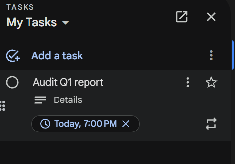 Using the panel to add date and time to a task in Google Calendar