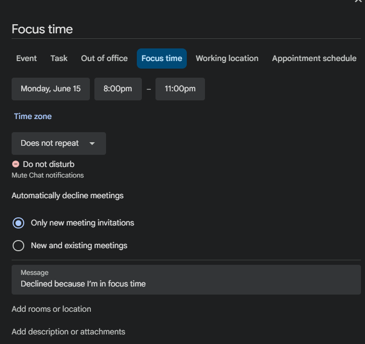 Using focus time in Google Calendar
