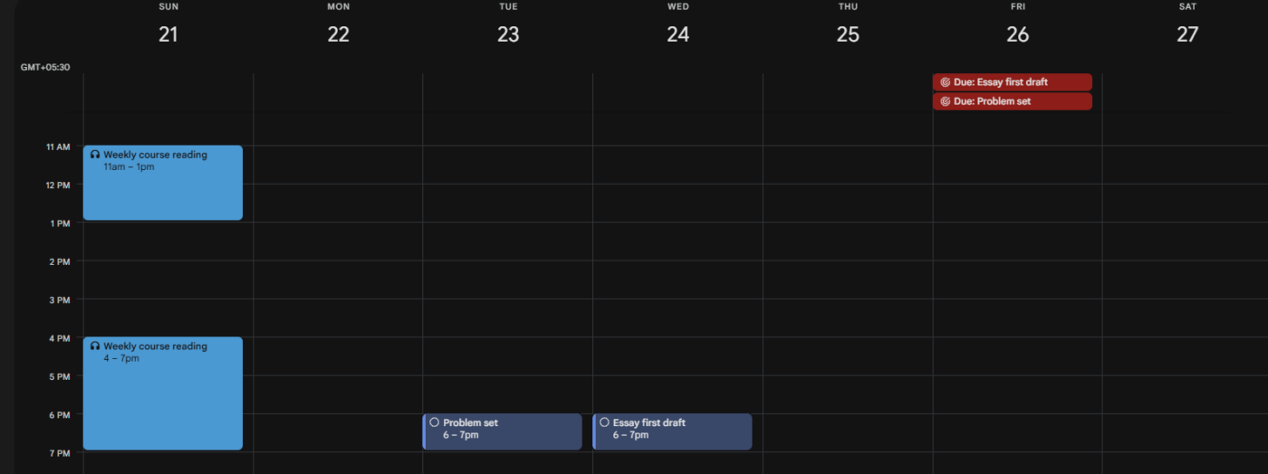 A sample of a student's Google Calendar