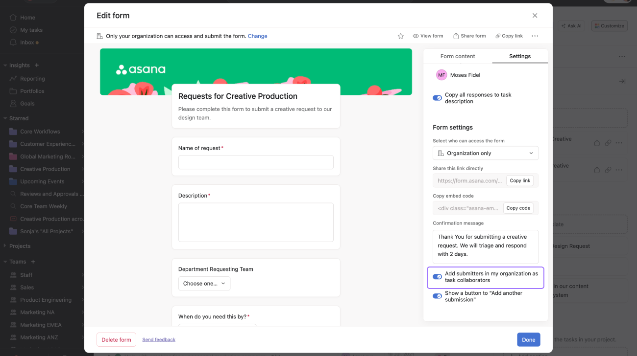 Forms in Asana for project intake