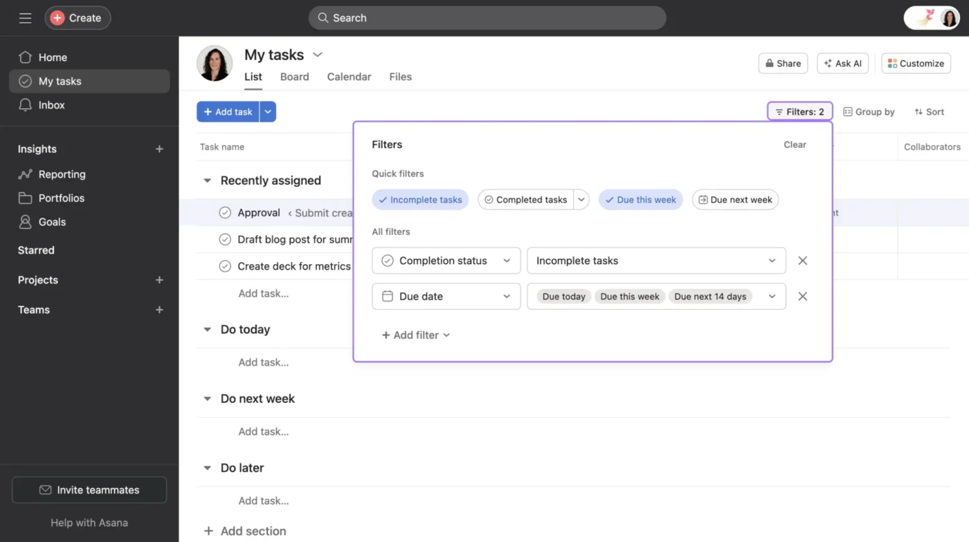Tasks in Asana