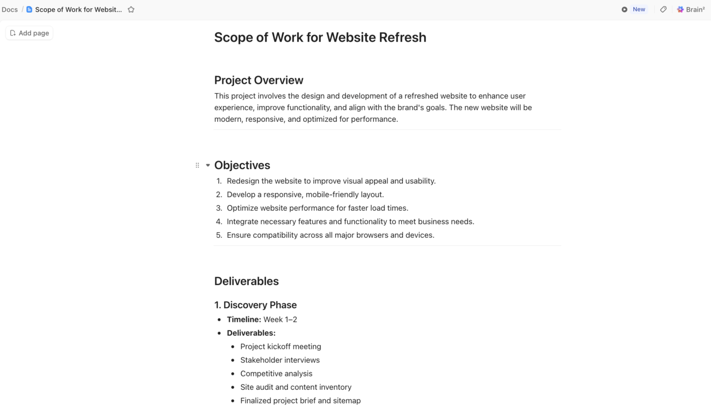 Take help from ClickUp Brain to create your scope of work document in ClickUp Docs