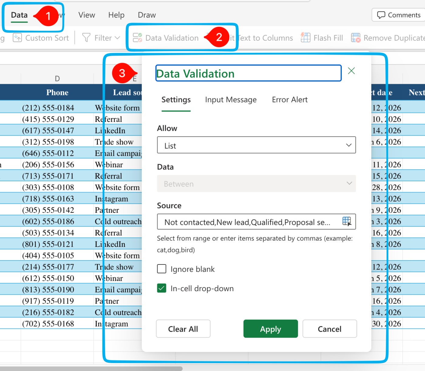 Use data validation in Excel