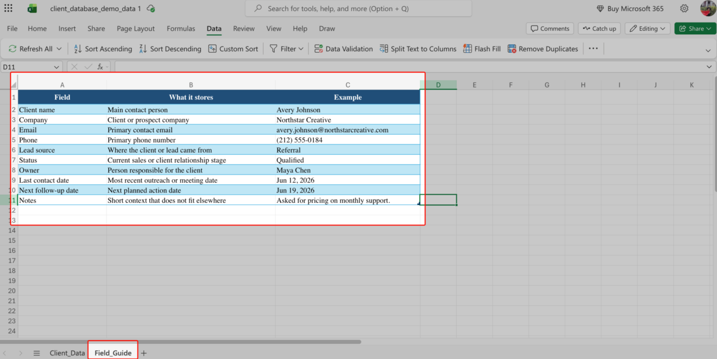 Example of documented column legend: How to Create a Client Database in Excel