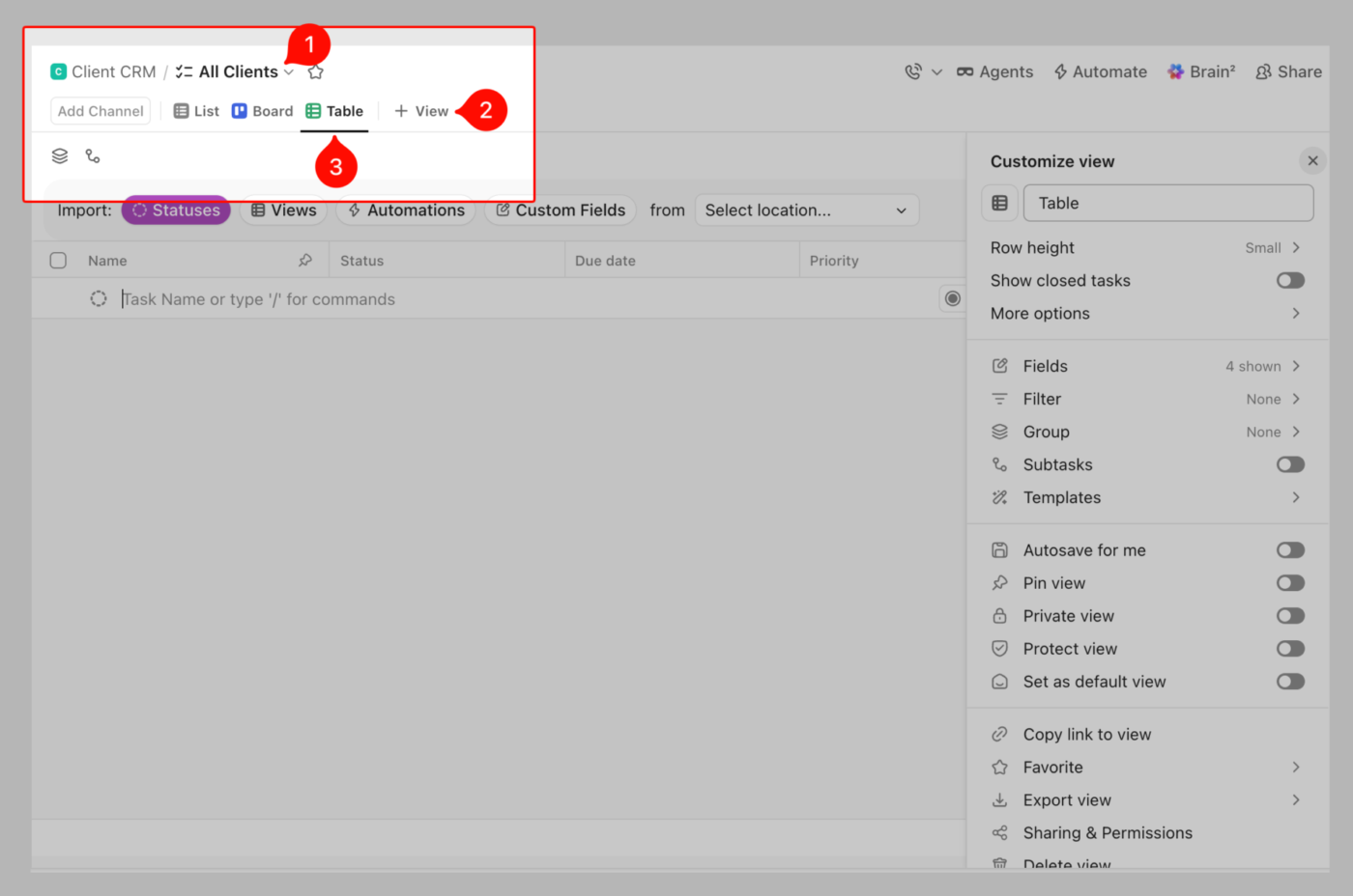 Table View in ClickUp to store and act on client database