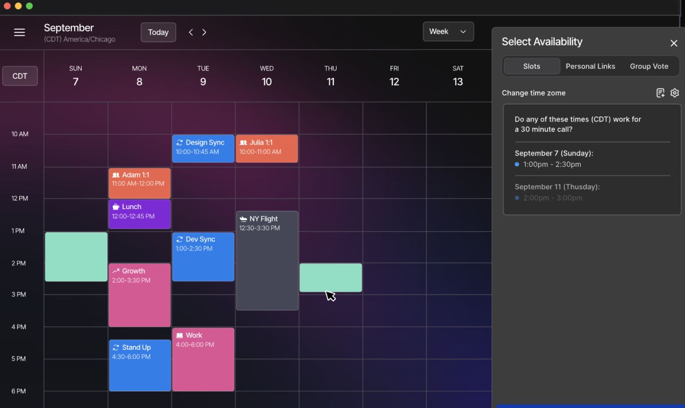 Share meeting slots with the keyboard-first availability panel of Vimcal, an AI tool for Google Calendar