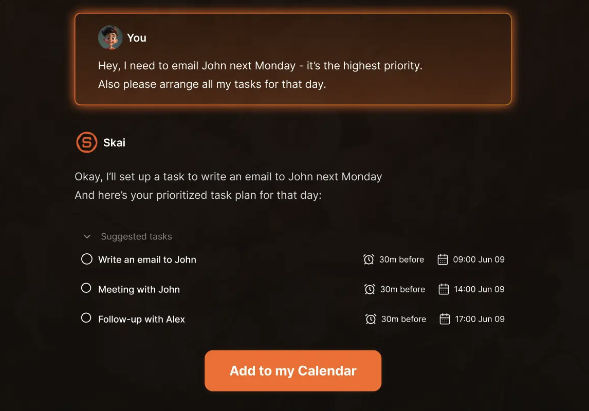 Add prioritized tasks to your calendar with Saner.ai’s Skai assistant