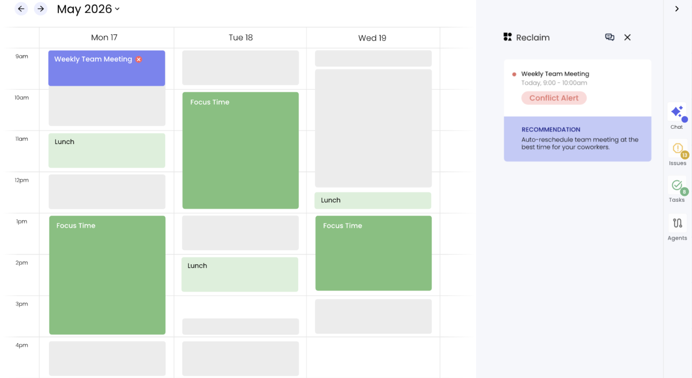Protect focus time with Reclaim.ai schedule optimizer tool's conflict alerts and auto-rescheduling