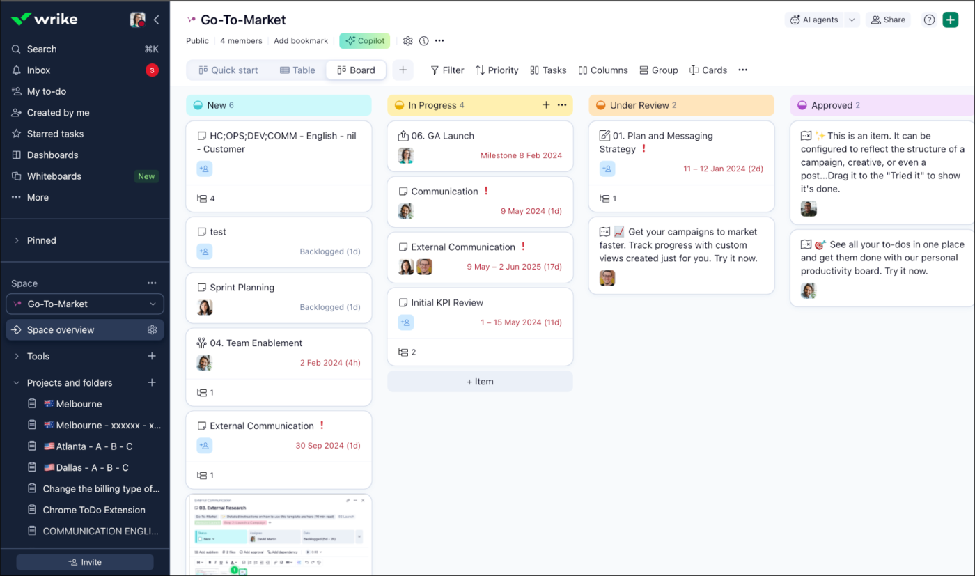 Wrike board view for visual task management