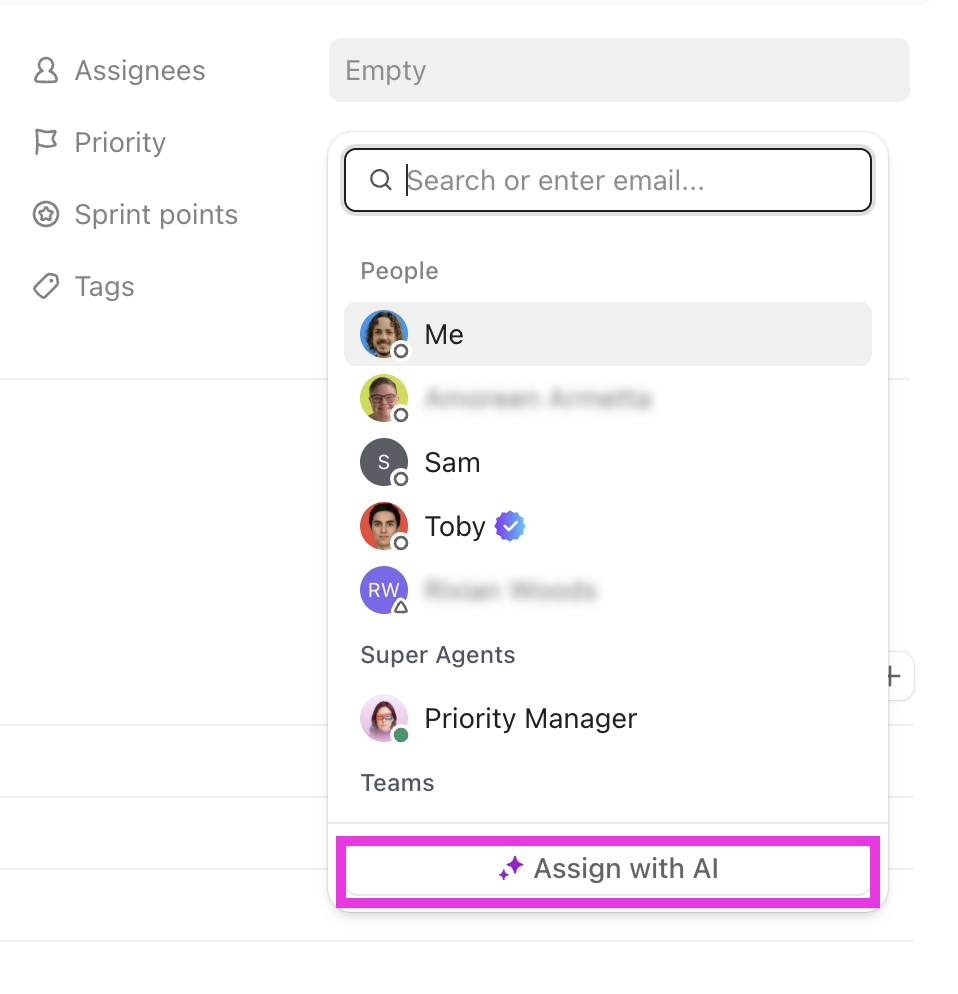 Automatiza la asignación de tareas con ClickUp AI, basándote en los detalles de las tareas y en las reglas establecidas.