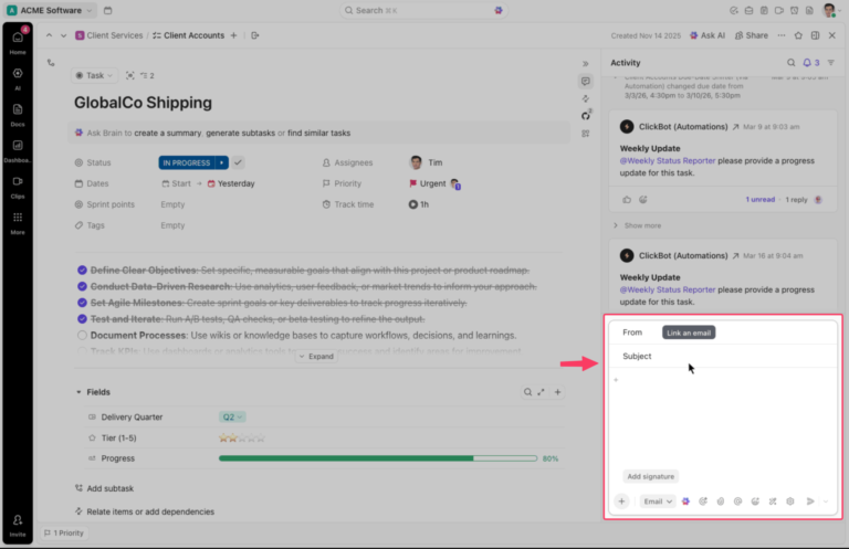 Create and send emails from ClickUp