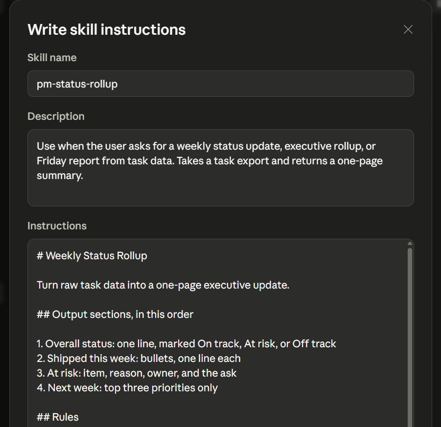 Claude Skills for generating a weekly status update
