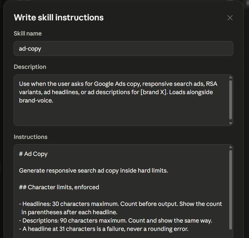 Ad copy Claude Skills example