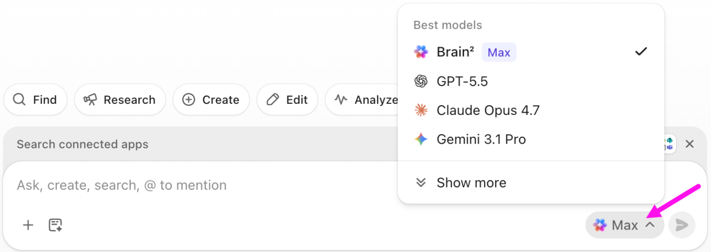 اختر «كلود» كنموذجك في ClickUp Brain واستعلم عن بيانات العملاء في الوقت الفعلي دون الحاجة إلى تكامل منفصل