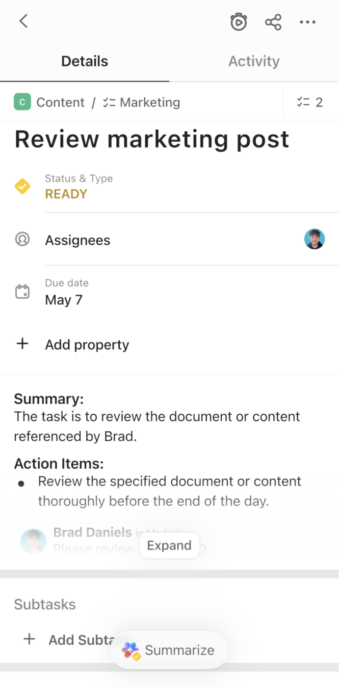 Use ClickUp's mobile app to view, edit, or create projects: iOS project management apps