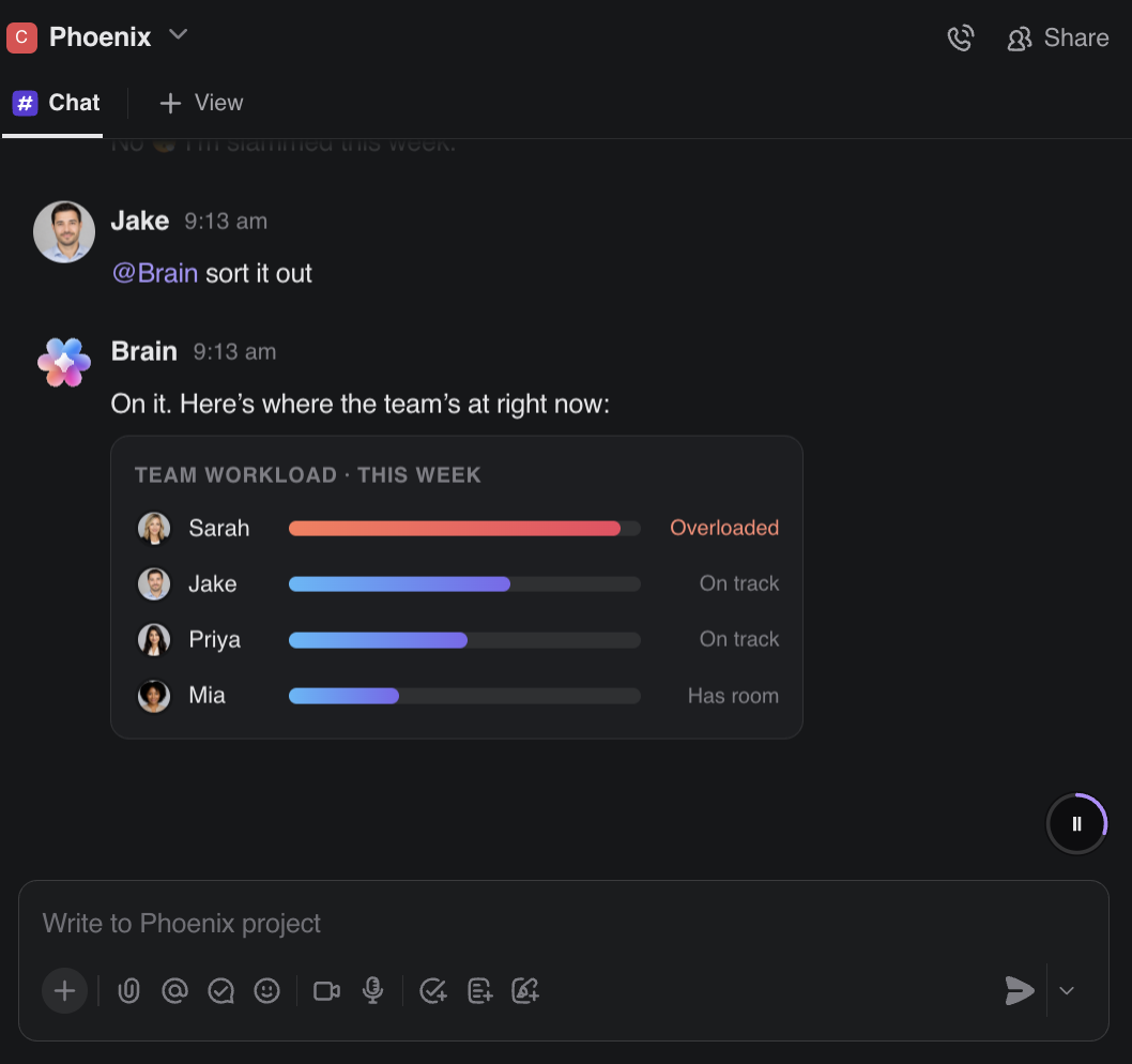 Využijte ClickUp Brain k přidělování úkolů, nastavování termínů, vyhodnocování pracovní zátěže a mnohem více: Konektory Claude MCP pro marketing