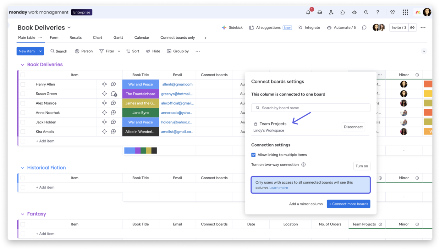 monday.com board showing a Connect Boards column with mirrored data: Airtable alternative