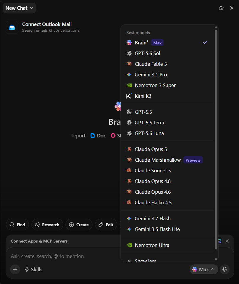 ClickUp Brain model selector showing available AI models including Brain² Max, GPT-5.6, Claude Fable 5, Claude Opus 5, Claude Sonnet 5, Claude Haiku 4.5, Gemini 3.7 Flash, and Nemotron Ultra, all accessible from a single dropdown within the workspace.