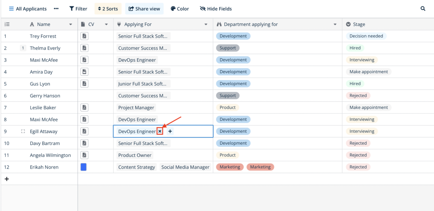 Baserow database grid showing a link to table field and lookup column: Airtable alternative