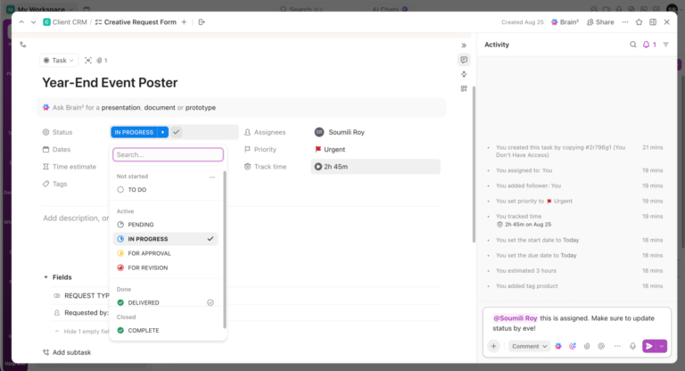 Use ClickUp's creative approval workflow for ongoing tasks