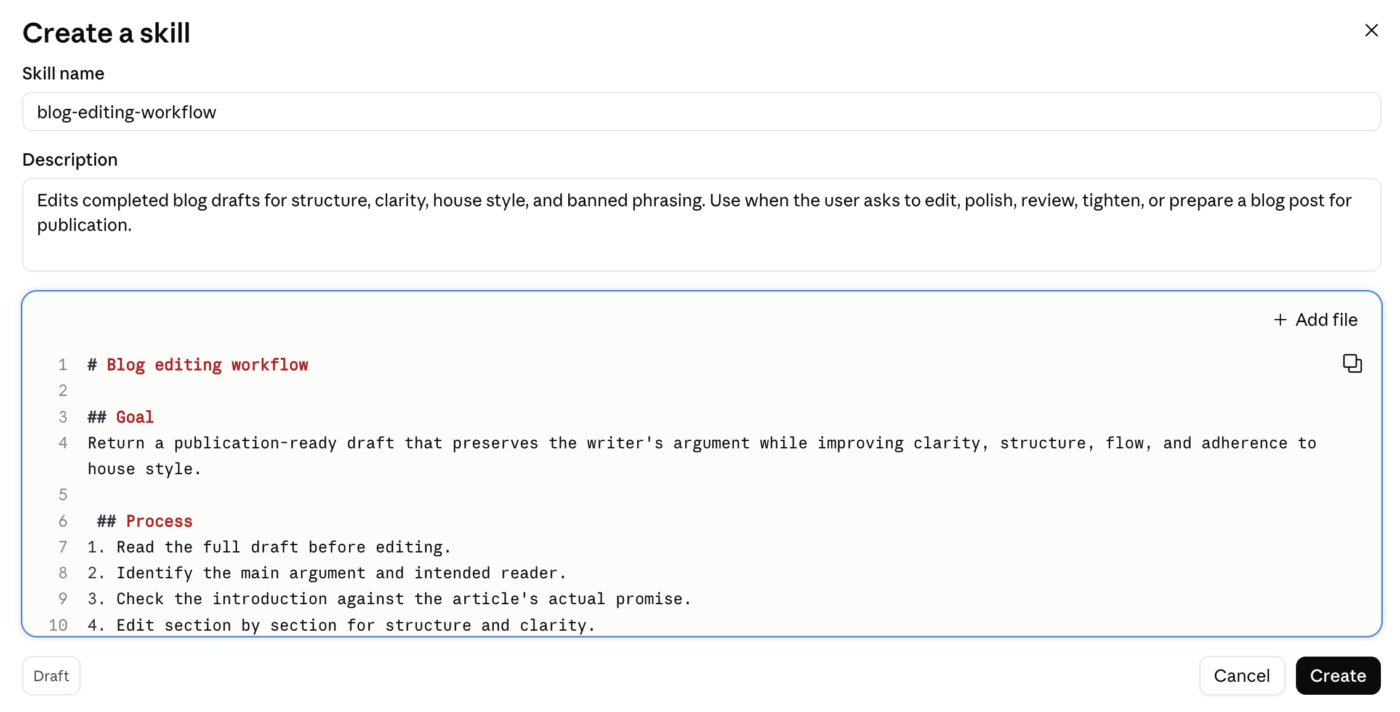 Claude Skills' name, description, and workflow: Claude Skills for Writing