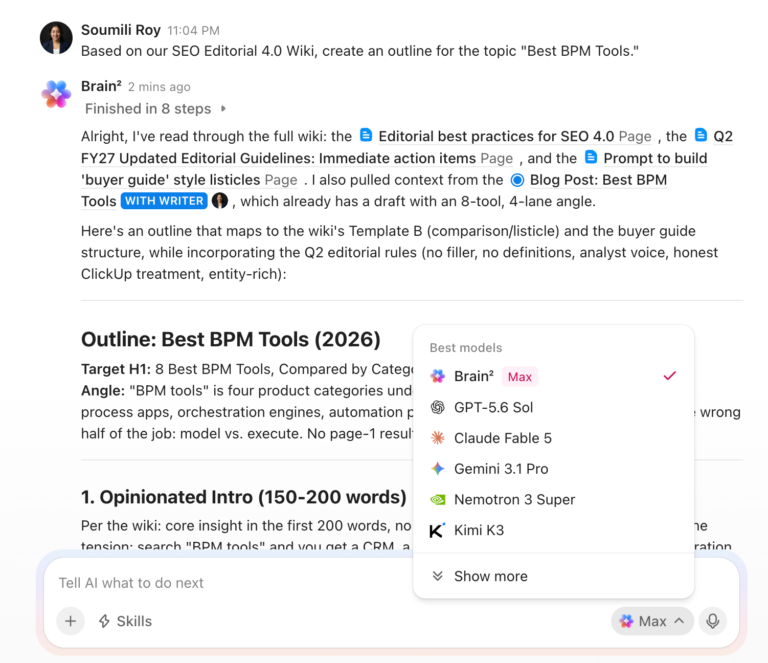 Use ClickUp Brain to get contextual outlines, blog drafts, newsletters, and so much more