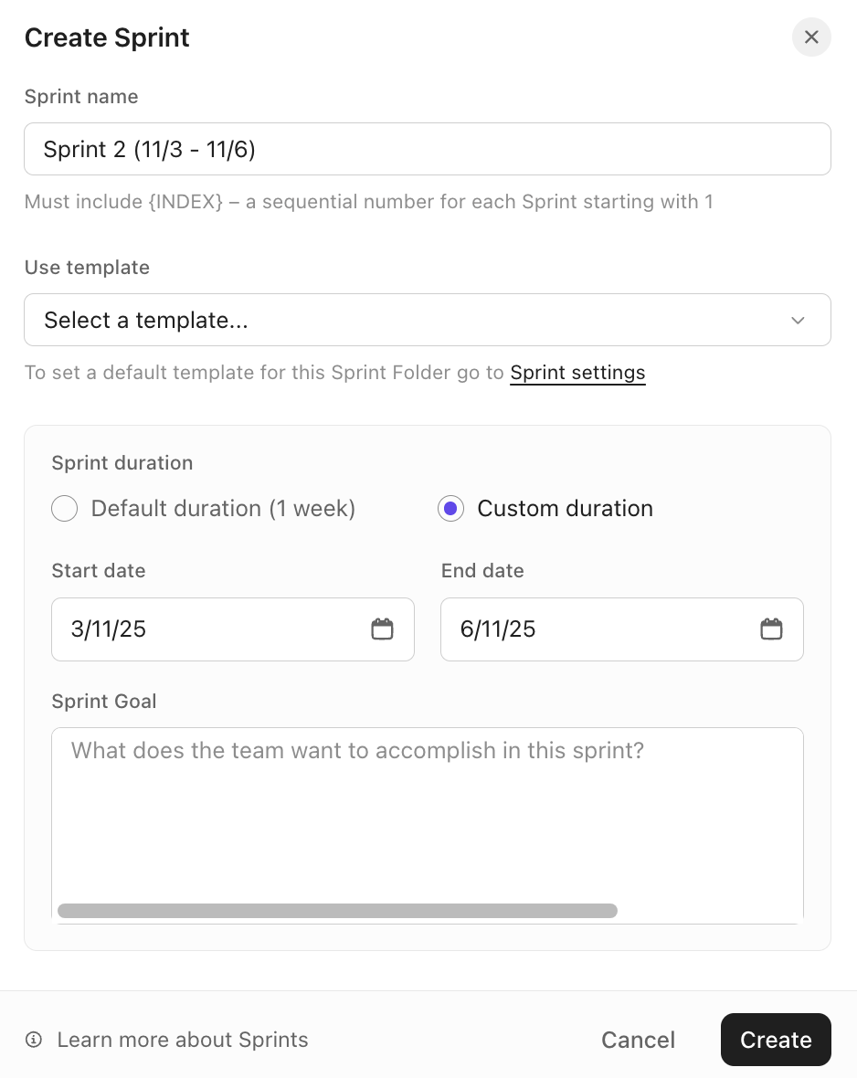 Add and customize sprint details with ClickUp Sprints: How to set a Sprint Schedule