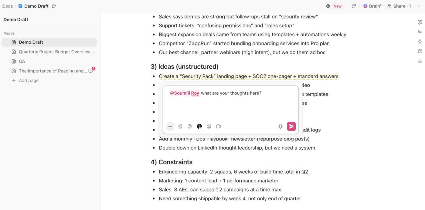 Use ClickUp Docs to collaborate and work with your teammates: Document Collaboration Software