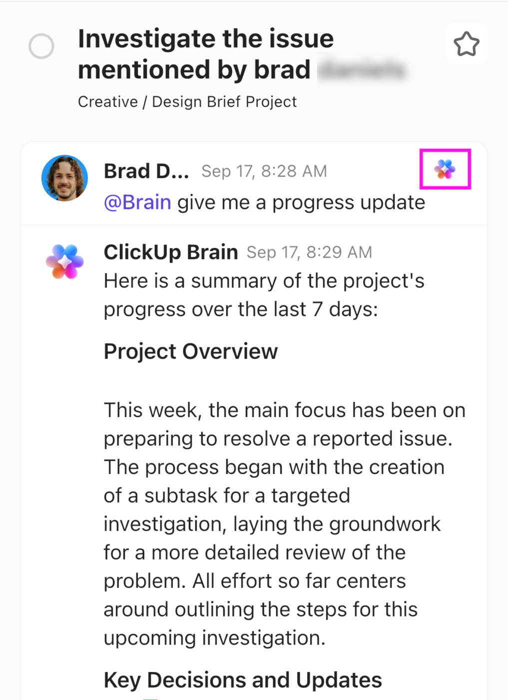 Let ClickUp Brain answer your project-related questions