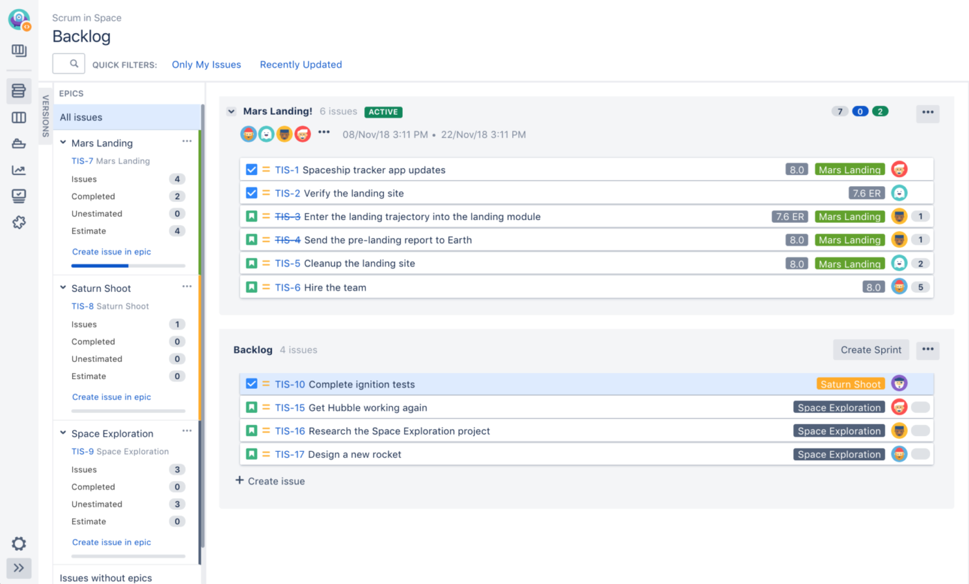 Viewing an epic in a Scrum backlog in Jira: Agile tools