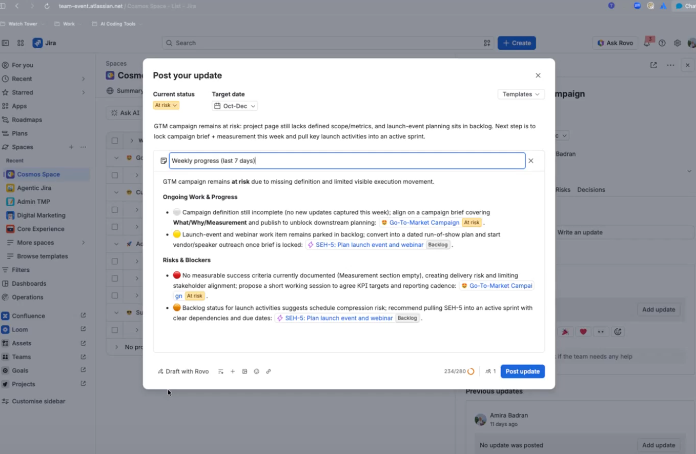 updates and dashboards in Jira
