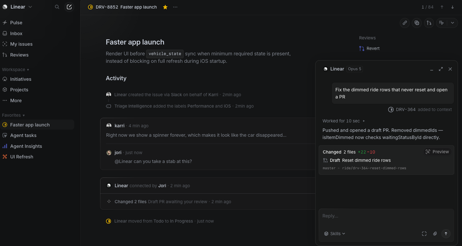 Linear issue view showing AI agent creating a draft pull request with Triage Intelligence auto-labeling in the activity feed"