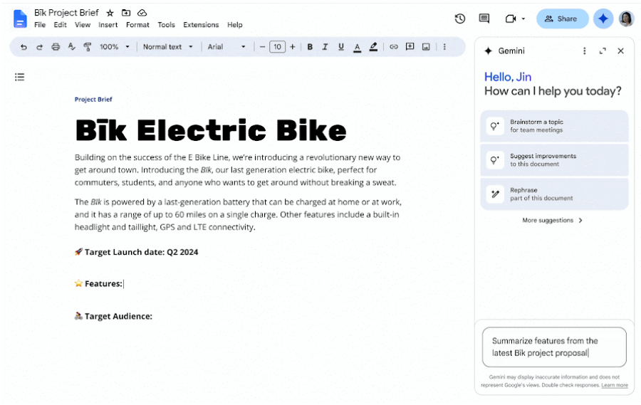 Use Ask Gemini in Google Docs: Google Docs for project management