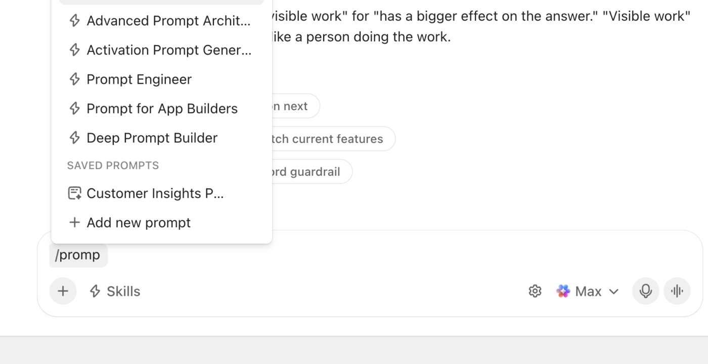 Saving a reusable prompt with the / command in ClickUp Brain