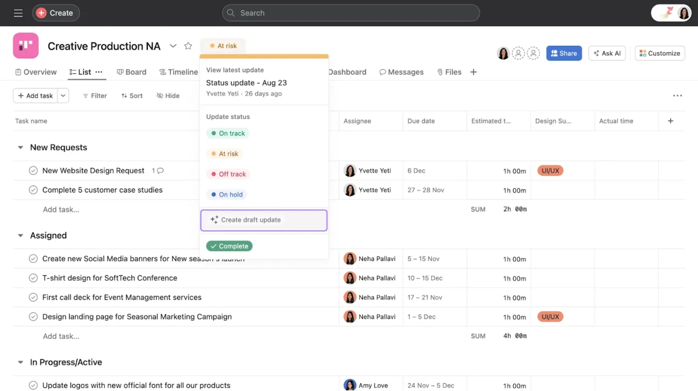 Smart status updates in Asana