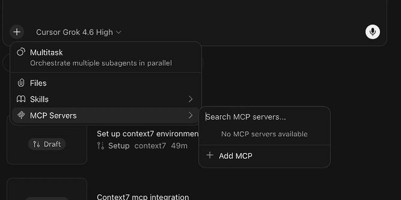 Cursor MCP servers menu showing the search field, “No MCP servers available” message, and Add MCP option, with a Context7 setup task visible behind the menu