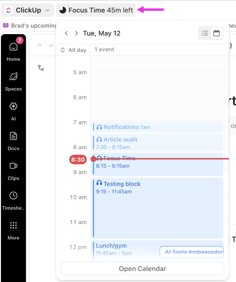 Use ClickUp Calendar to plan your day with AI-powered blocks and reshuffling