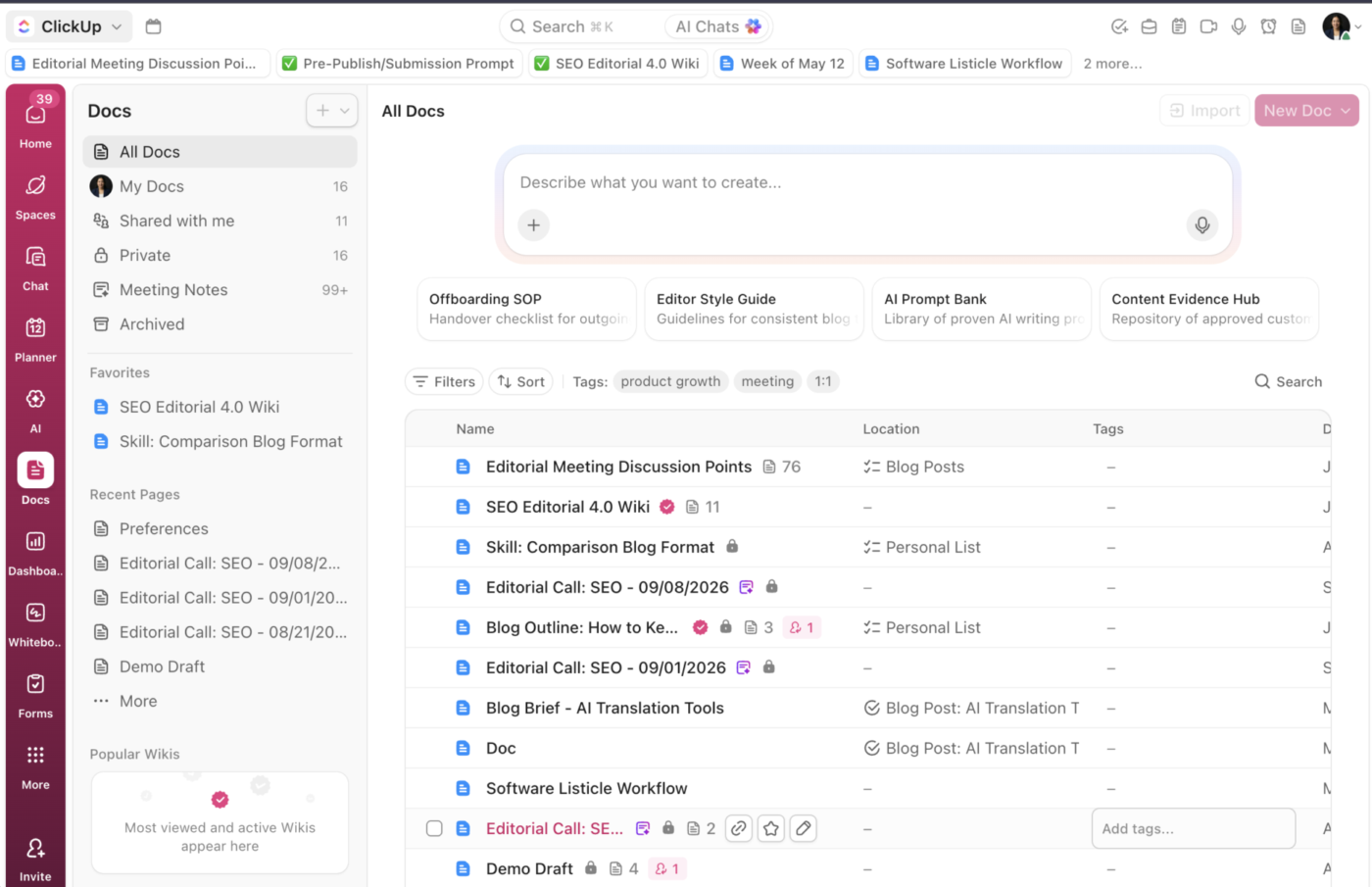 Use ClickUp for docs, wikis, chat, tasks, and deeper knowledge management: Confluence vs. Teams