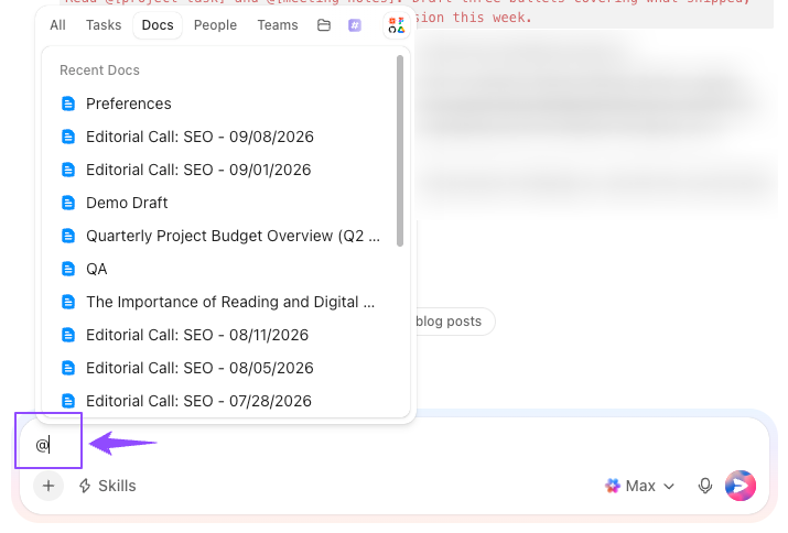 Pull work context from across your workspace and connected apps with @mention in ClickUp