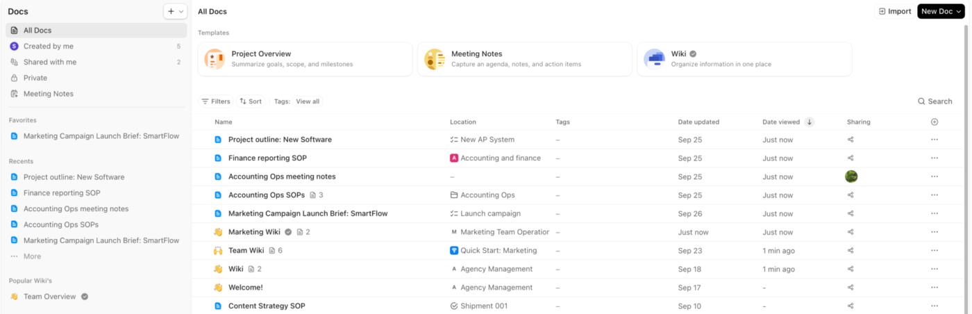 Organize reusable prompts with ClickUp Docs alongside the projects that need them: Gemini Prompts