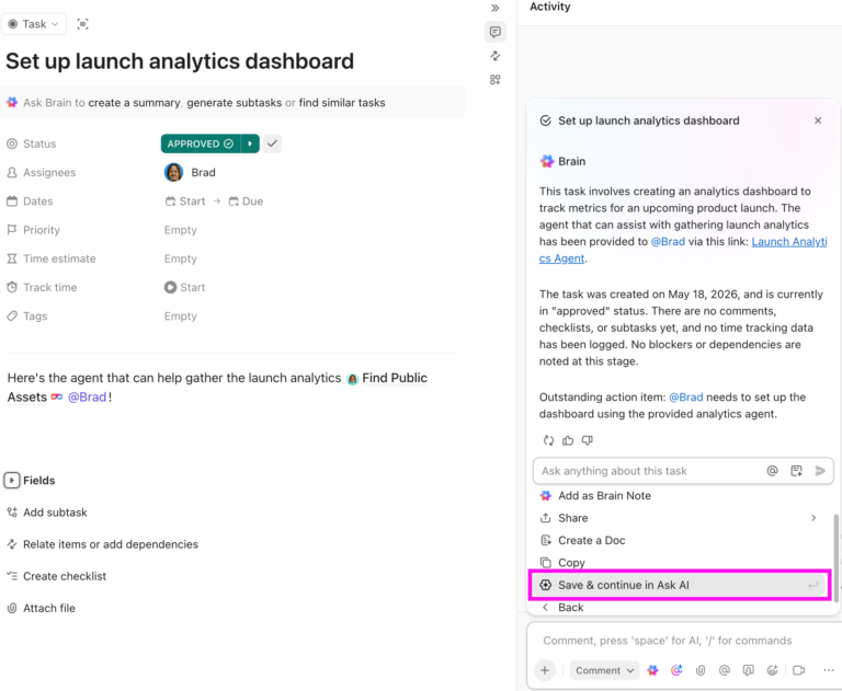 Use ClickUp Brain to surface contextual answers about your docs, tasks, dashboards, and projects