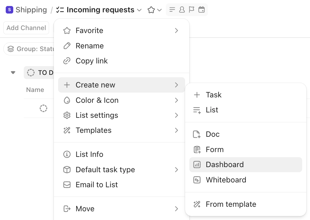 Create a new dashboard directly from a ClickUp List: task dashboard