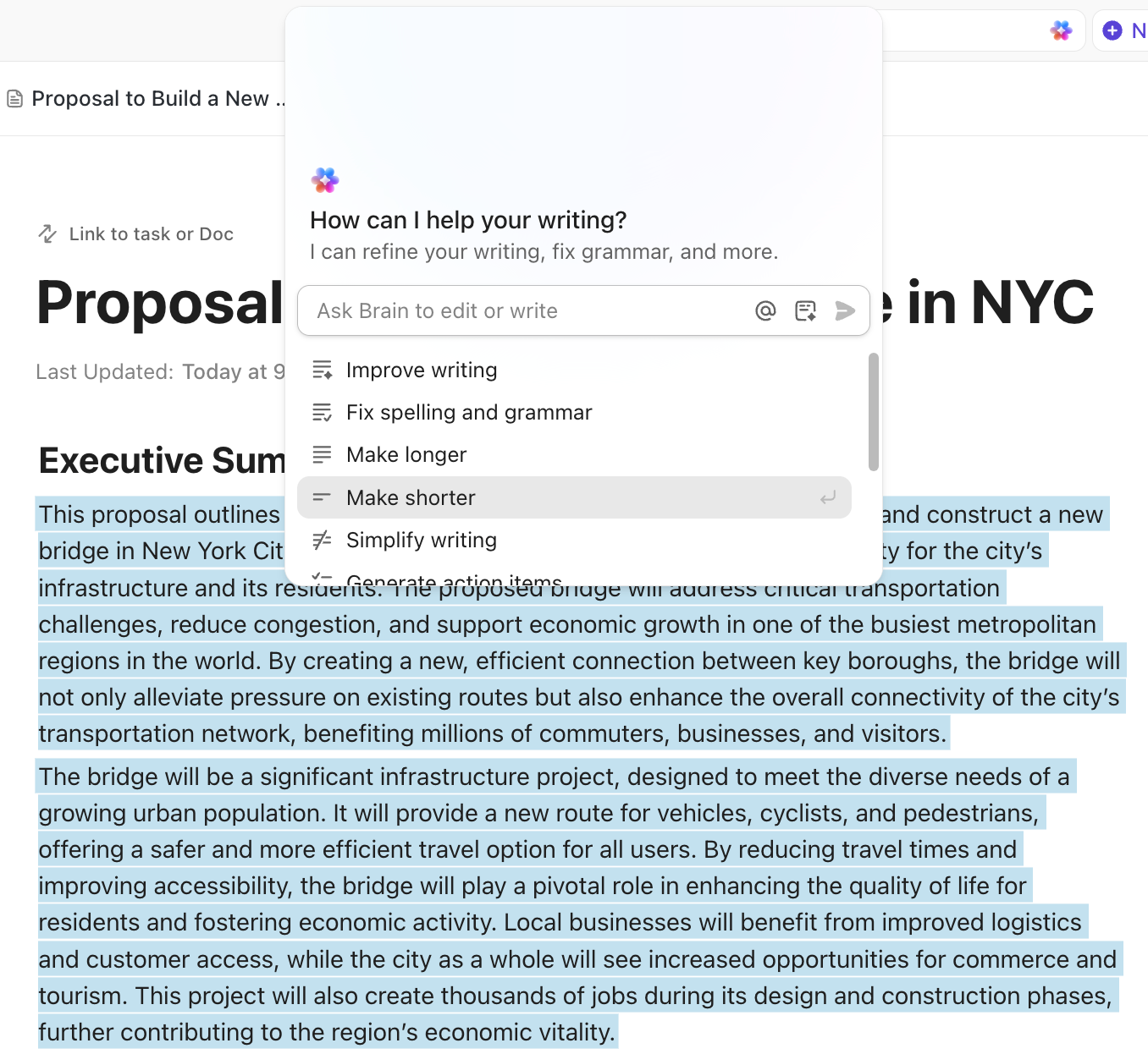 Highlight any text in a ClickUp Doc and ask Brain to shorten, simplify, or correct it in place