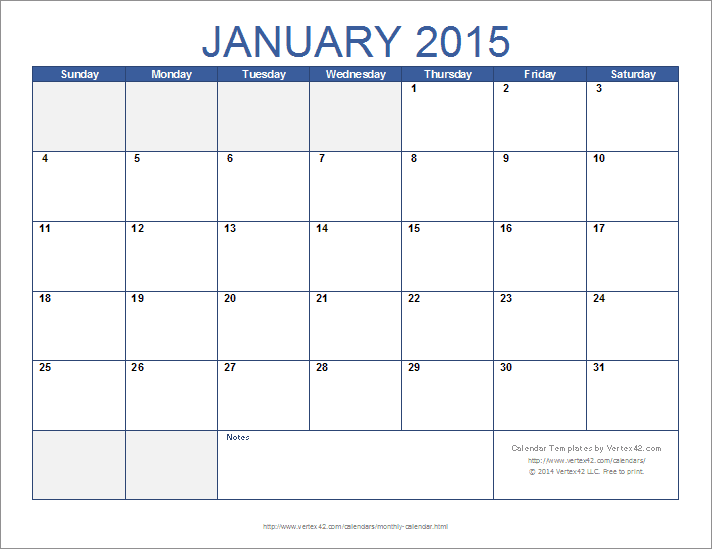 Monthly Calendar Template by Vertex42