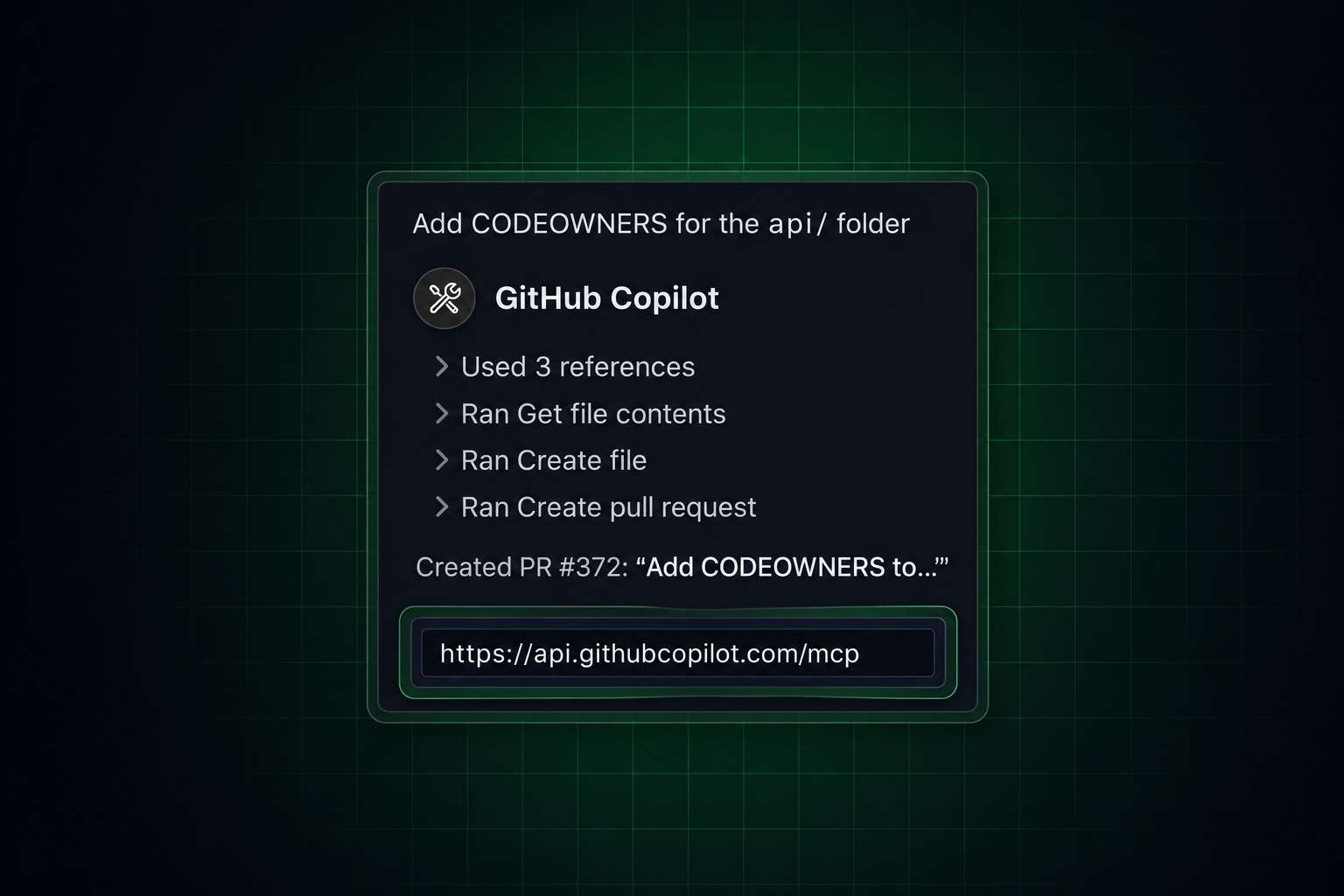 GitHub Copilot using the remote GitHub MCP server to retrieve file contents, create a CODEOWNERS file, and open a pull request, illustrating repository tools available through Cursor MCP servers