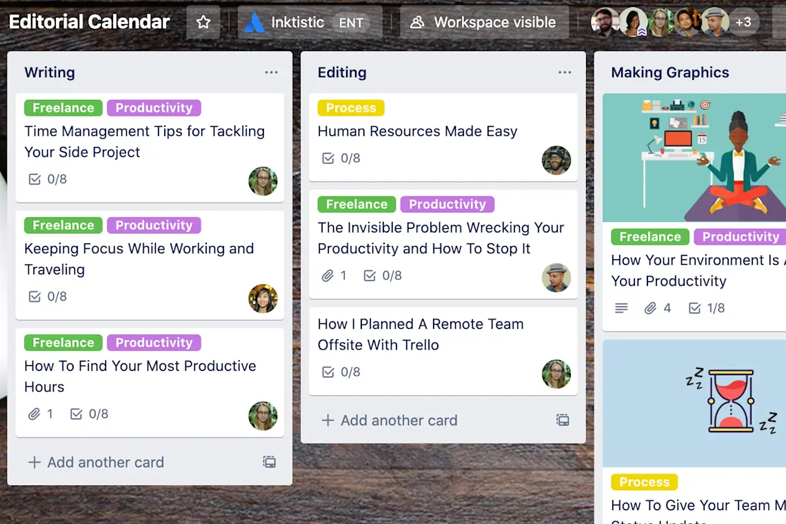 Trello board showing cards in various statuses