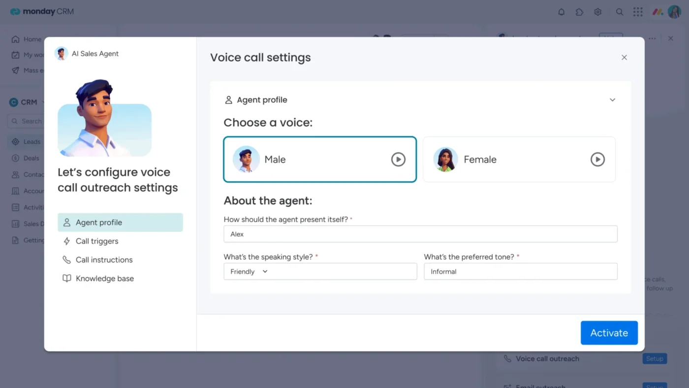 monday AI Work Platform agent for project management configured on a board with triggers and actions