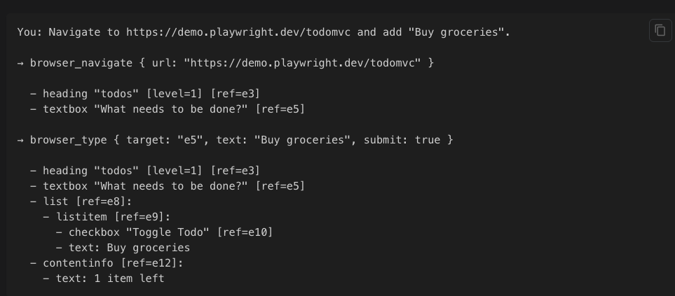 Playwright MCP browser automation example showing navigation to a todo app, entry of “Buy groceries,” and an accessibility snapshot confirming the new item, illustrating browser tools for Cursor MCP servers