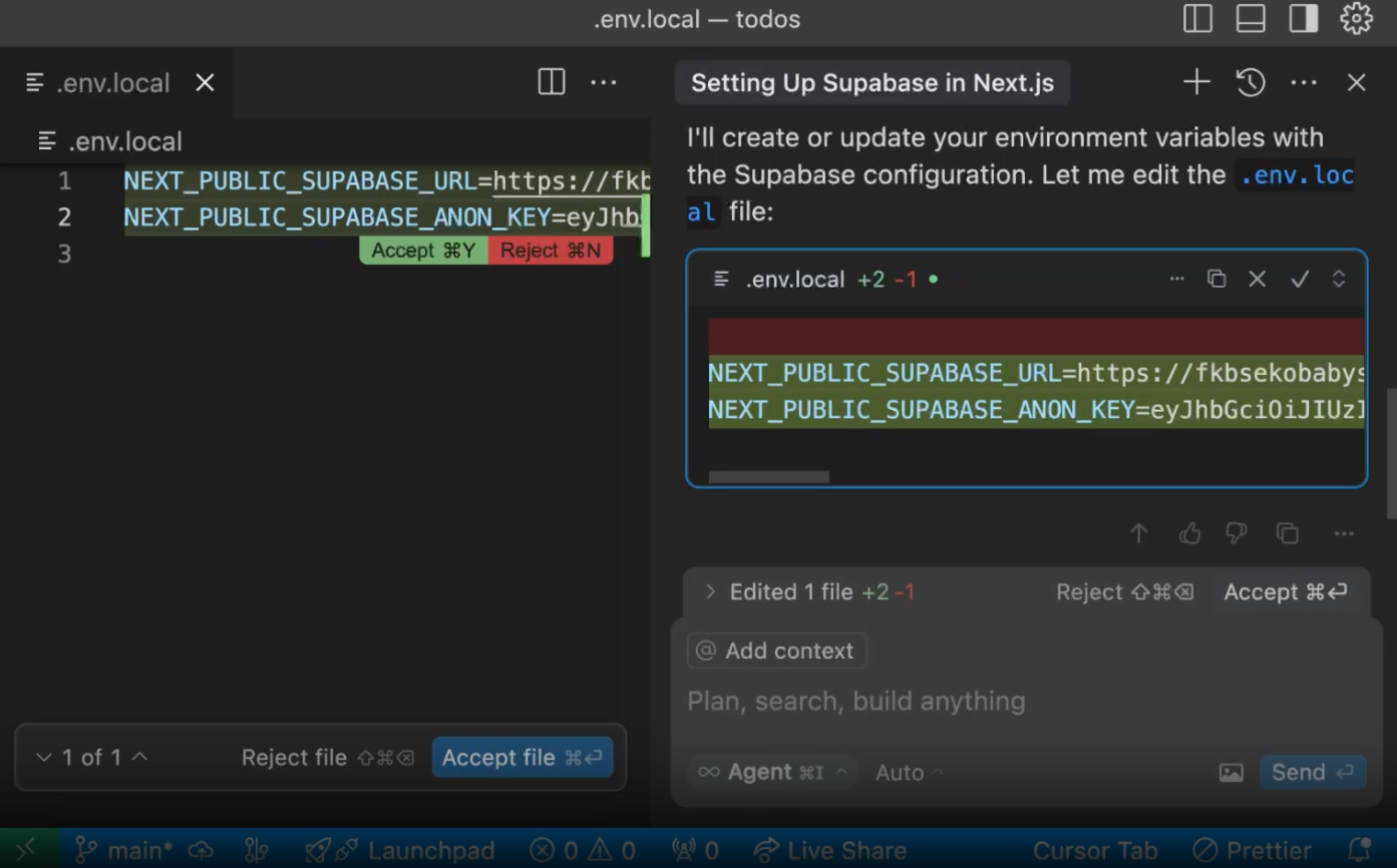 Cursor proposing changes to a Next.js .env.local file with the Supabase project URL and anonymous key, showing the file diff and controls to accept or reject the configuration changes